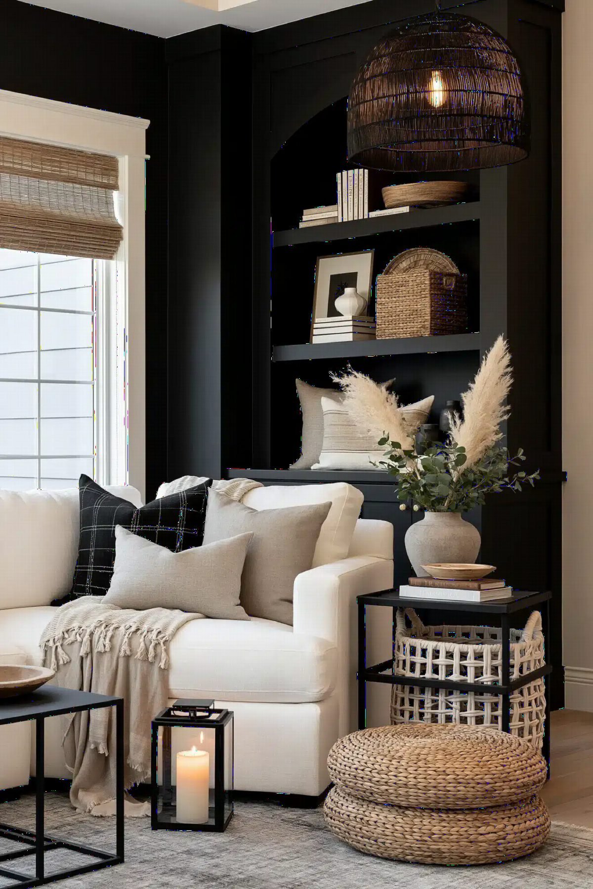 Black Cabinetry with Woven Warmth