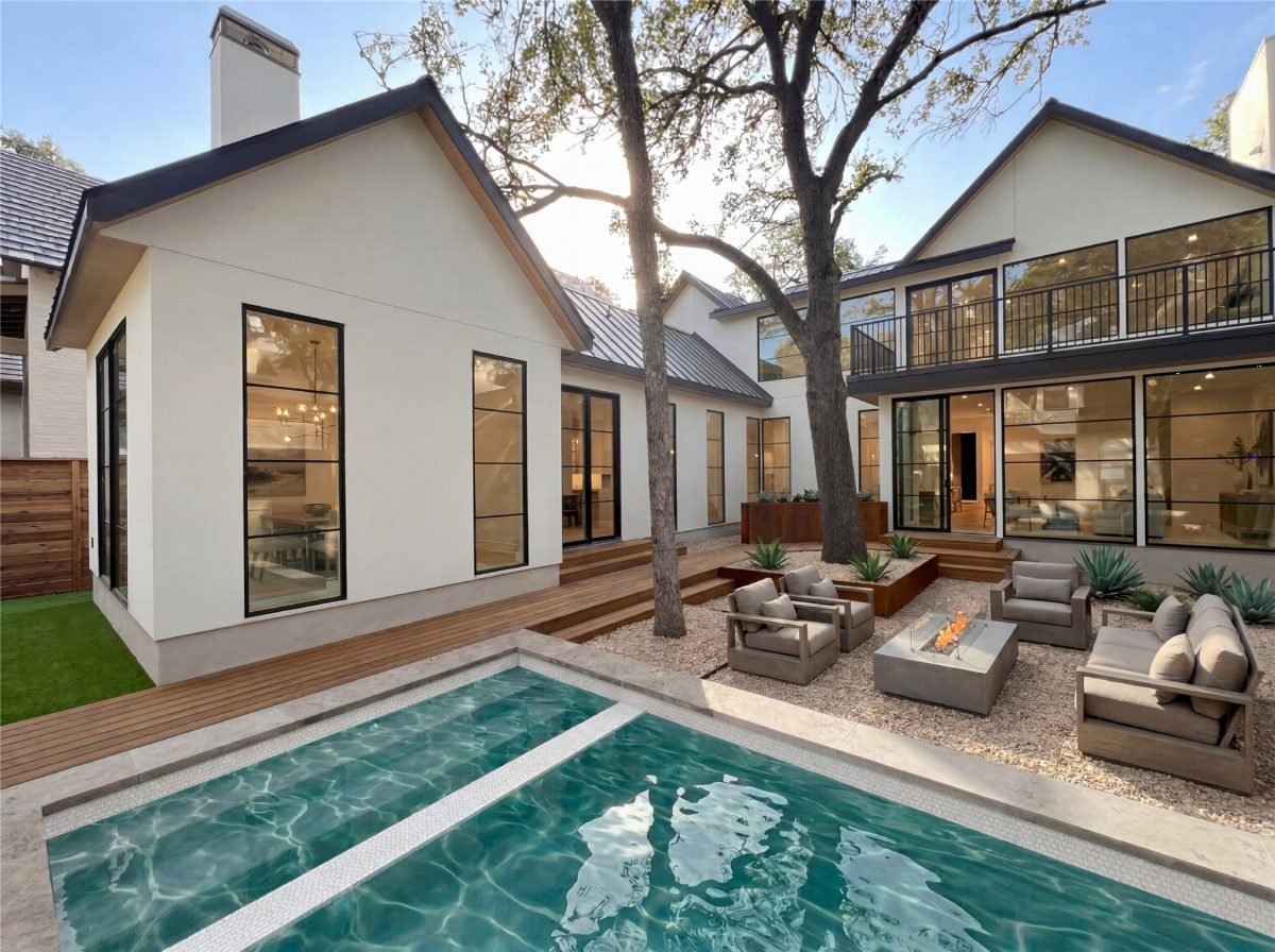 Crisp White Courtyard with Teal Water