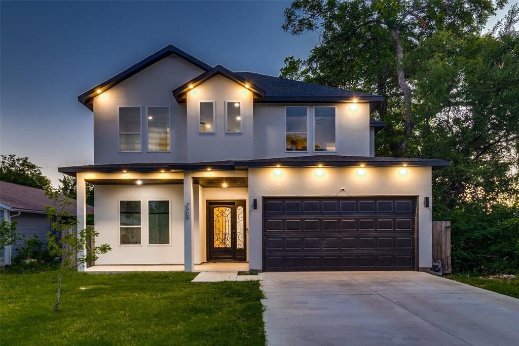 Slate and Stucco Twilight Facade