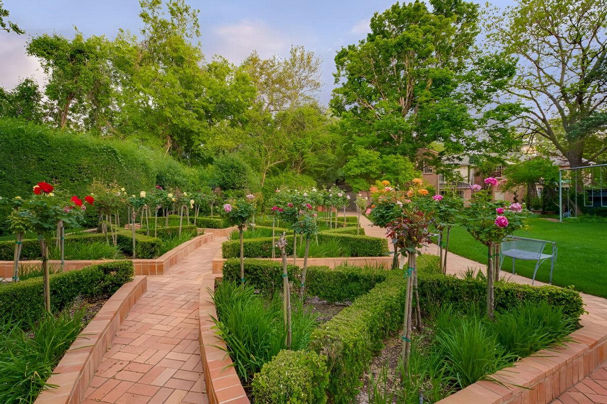 Formal Rose Garden with Brick Paths