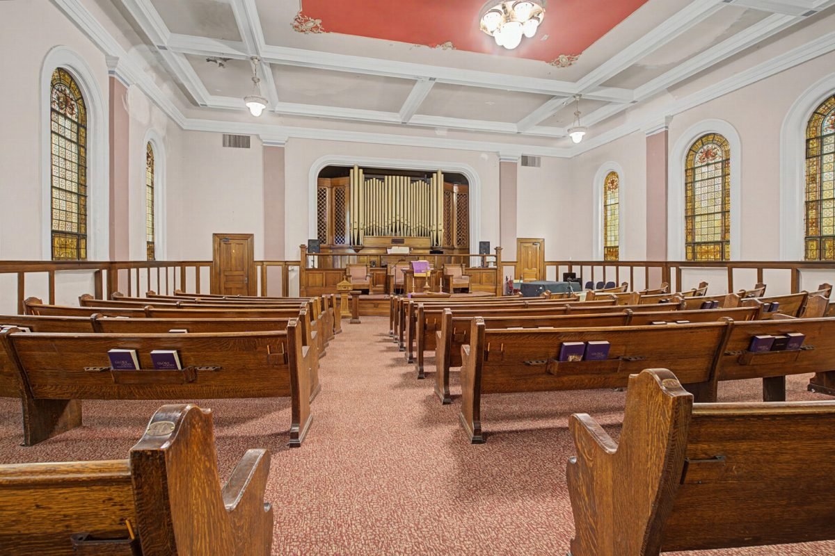 Blush Pews and Crimson Ceilings