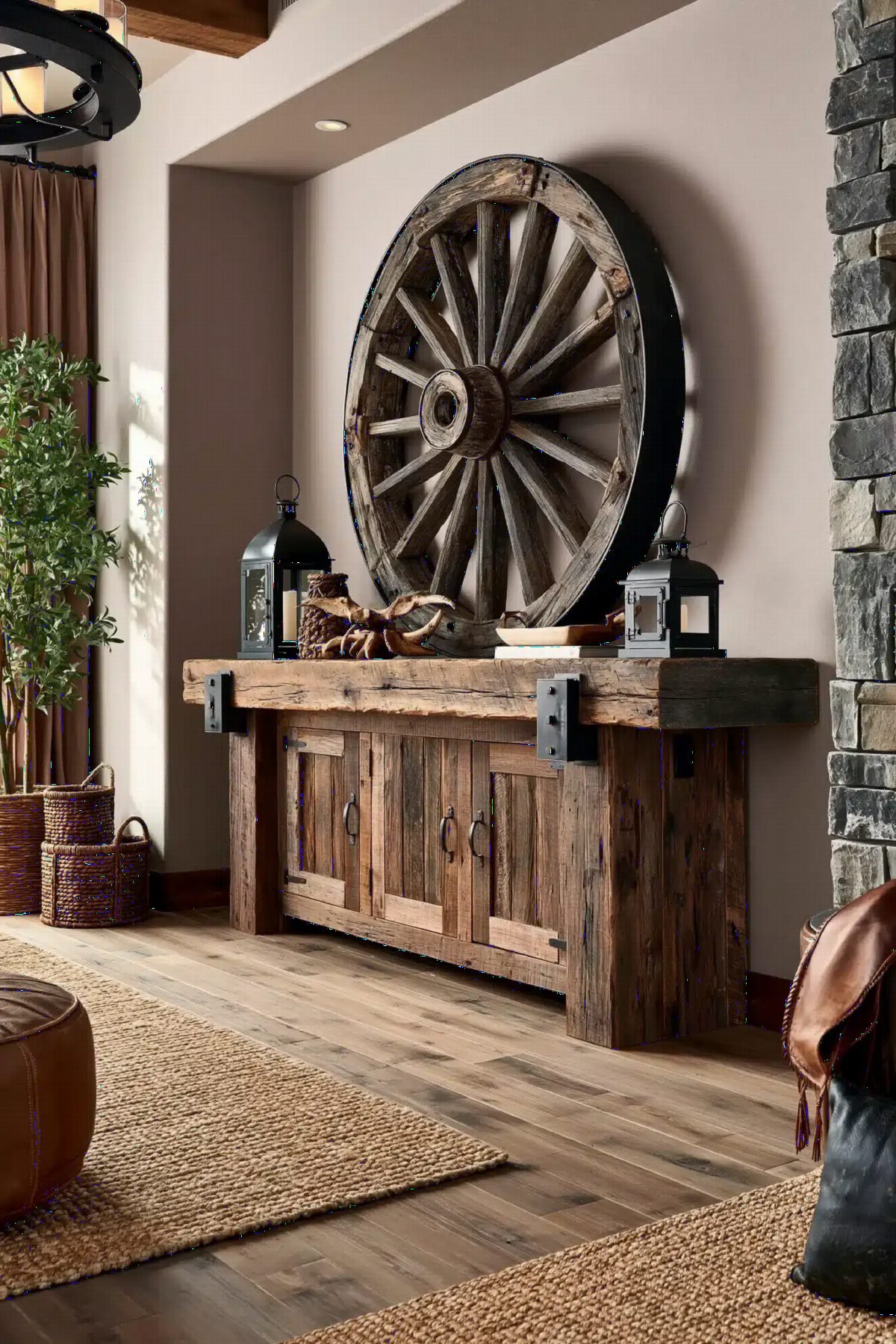 Rustic Wheel and Stone Corner
