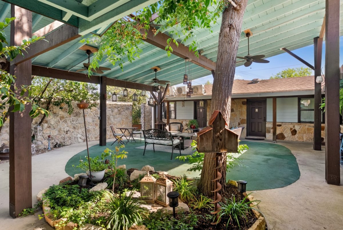 Pergola Shade Over Tumbled Stone