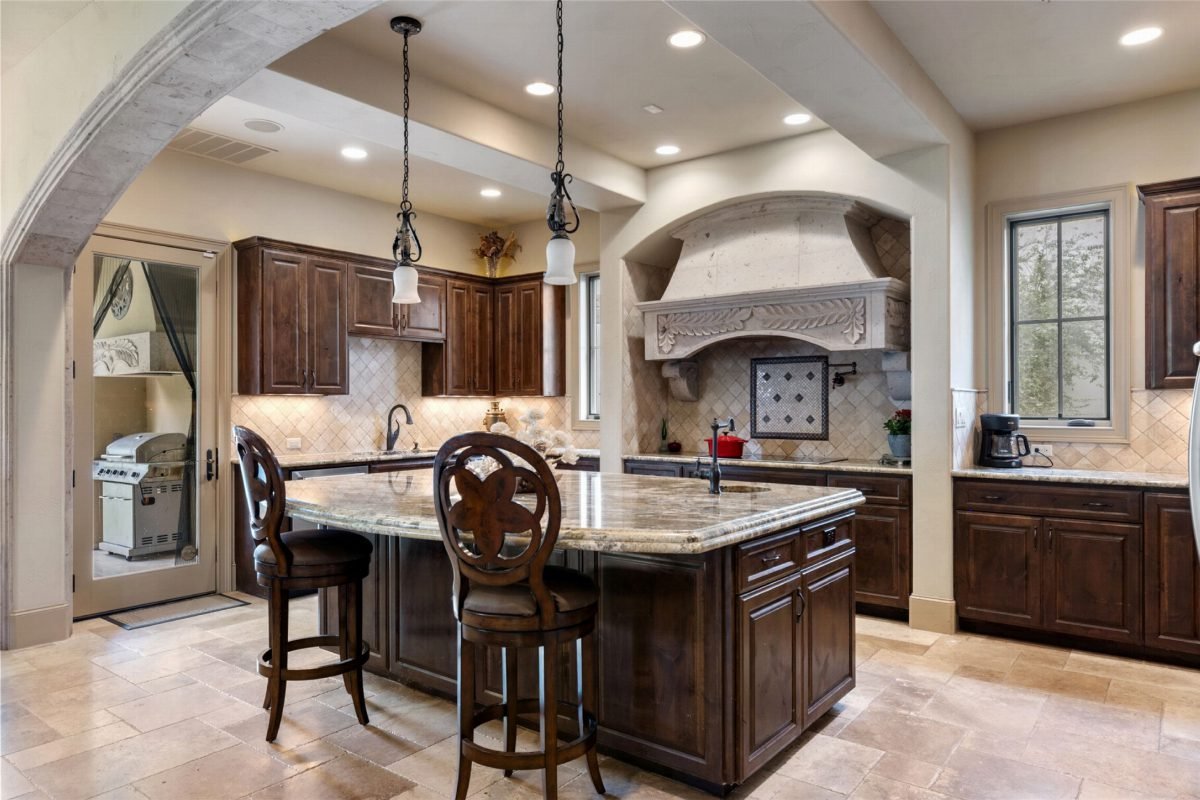 Warm Walnut and Carved Stone