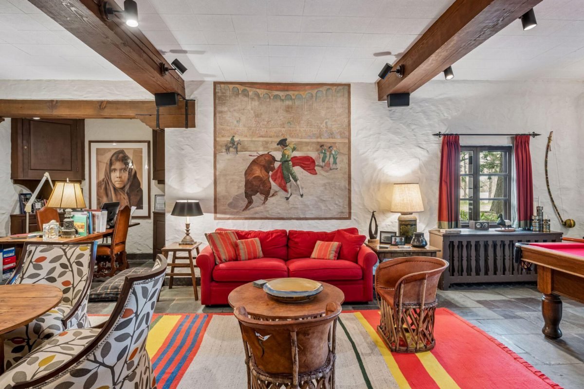 Bold Red Sofa Under Beams