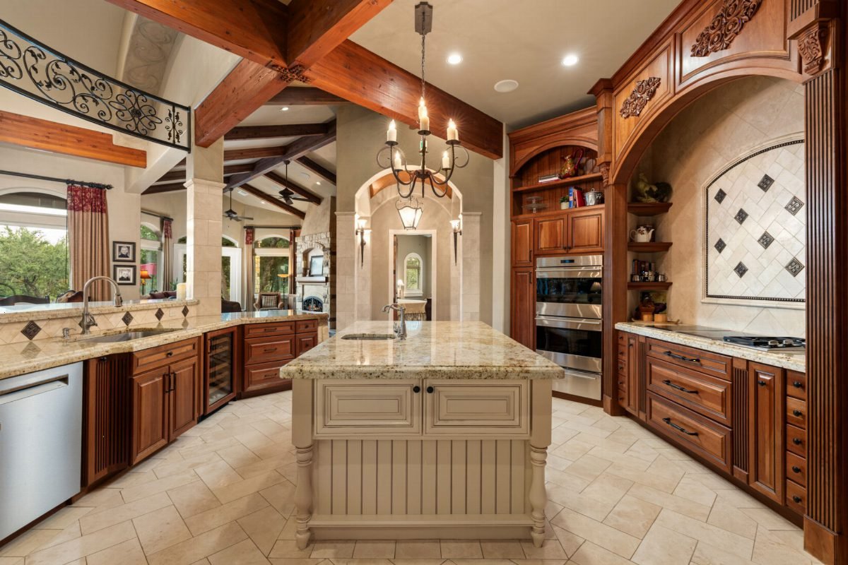 Carved Wood and Beige Island