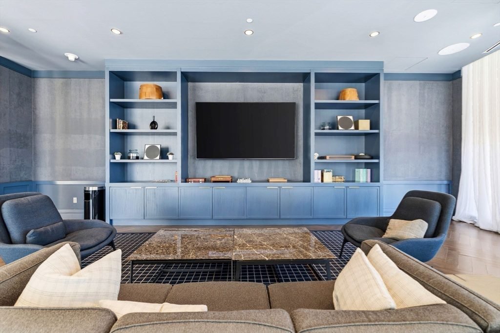 Dusty Blue Built-Ins and Stone