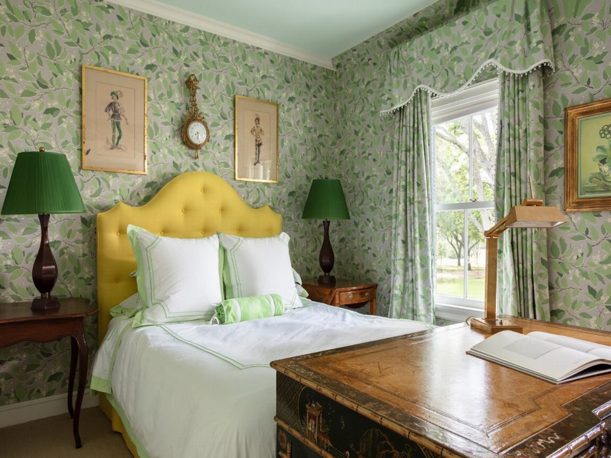 Chartreuse Headboard and Leaf Wallpaper