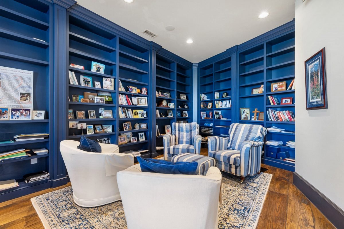 Cobalt Library with White Armchairs