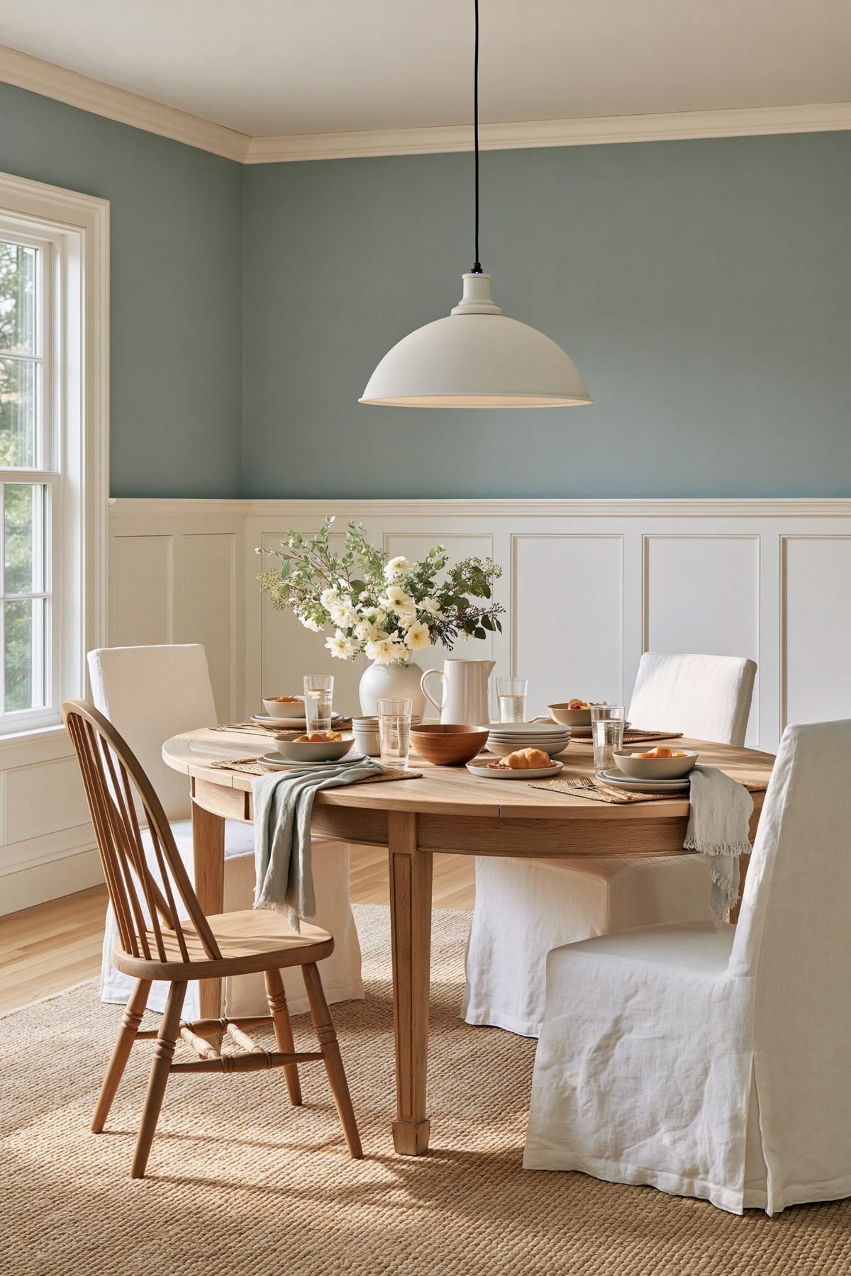 Misty Blue Wainscoting and Oak