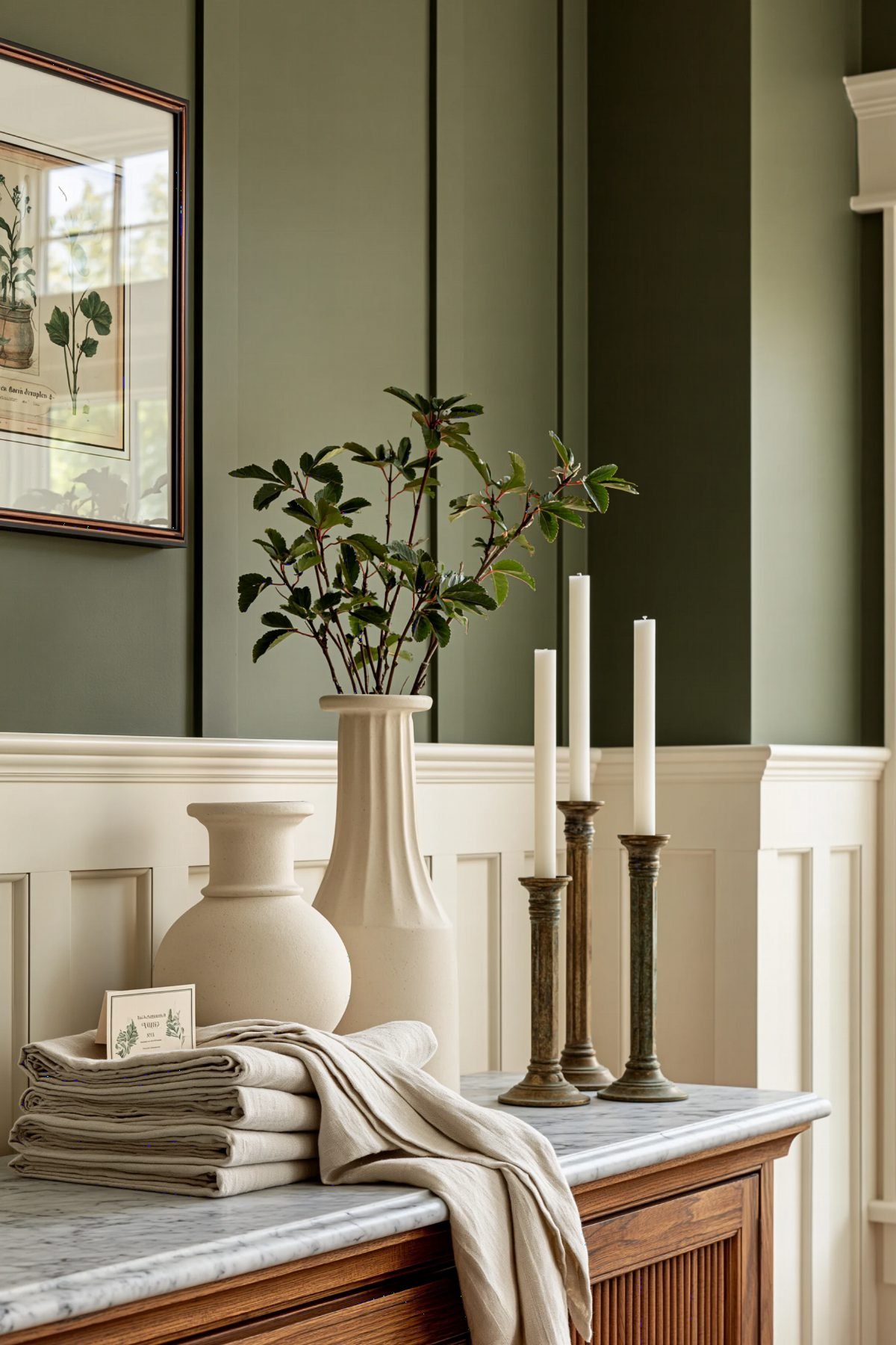 Sage Panels and Marble Warmth