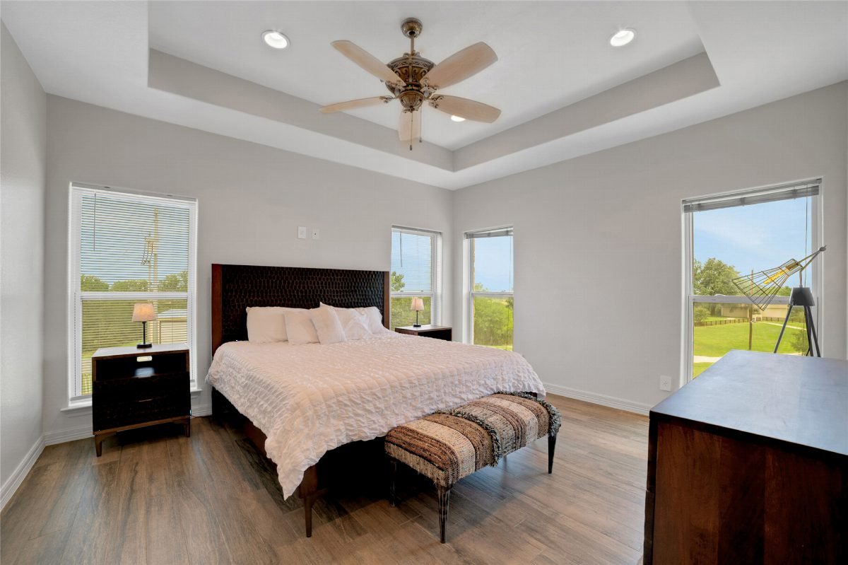 Soft Gray Bedroom with Wood Bench
