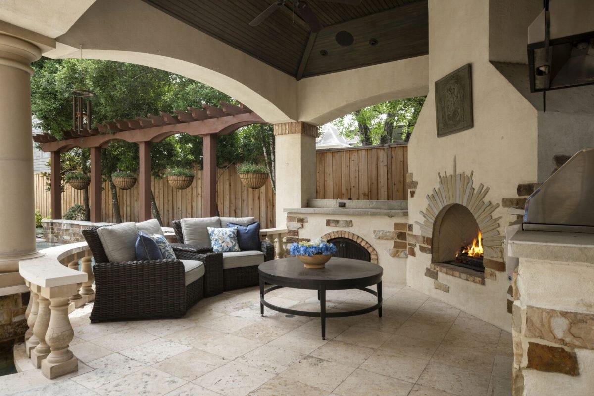Shaded Patio with Stone Hearth