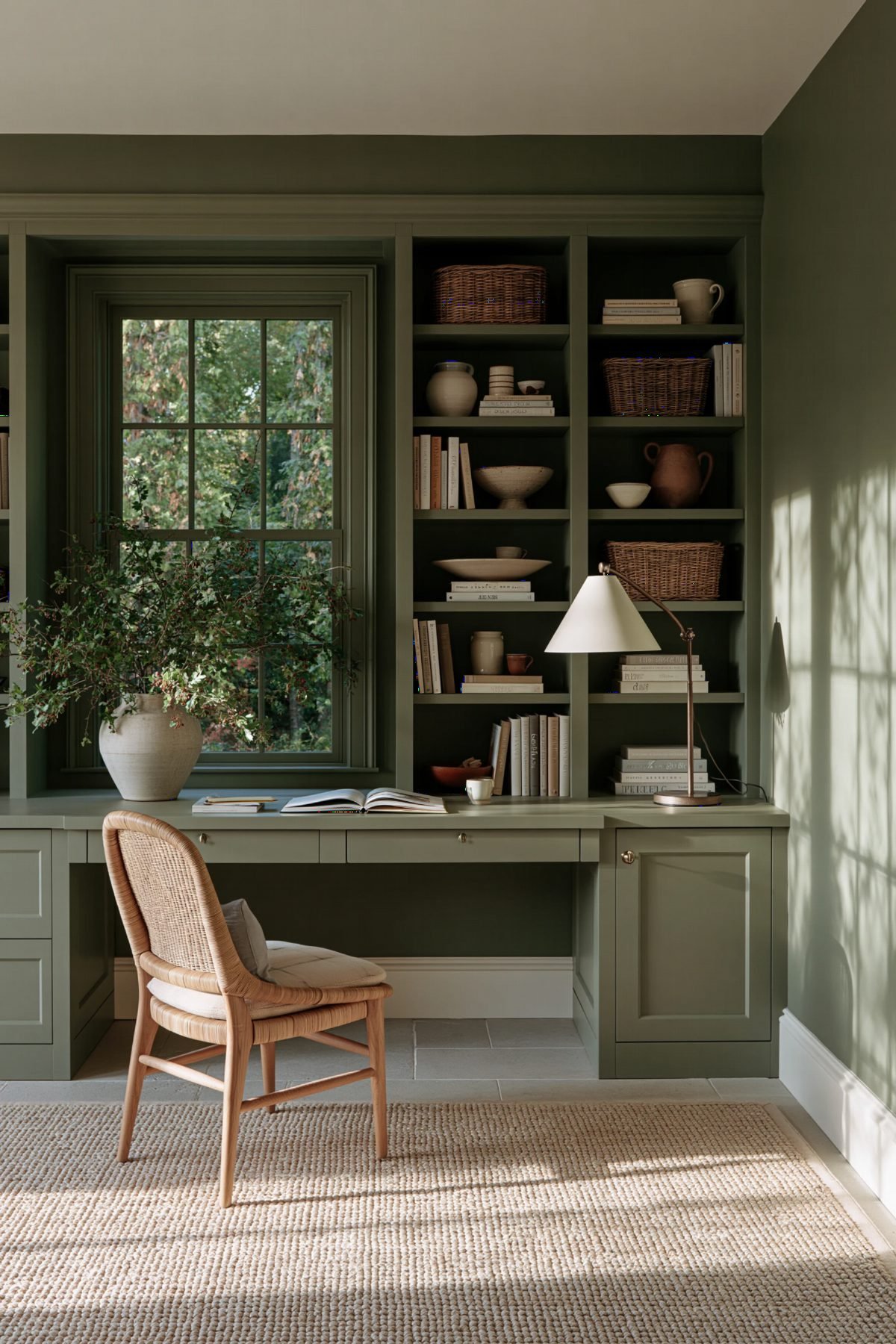 Eucalyptus Cabinetry and Rattan Light