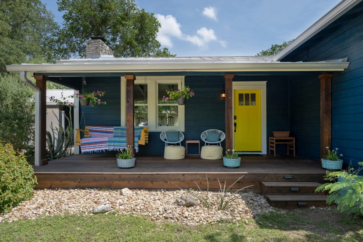 Teal Porch with Bright Yellow Door