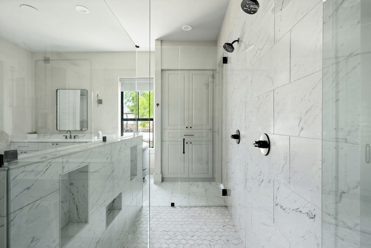 Gray Cabinetry and White Marble