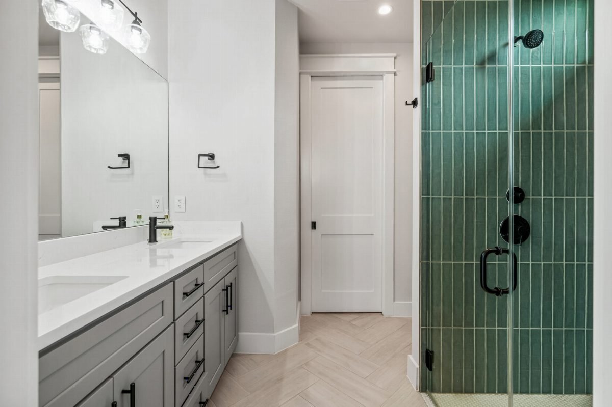 Gray Cabinetry with Forest Tile