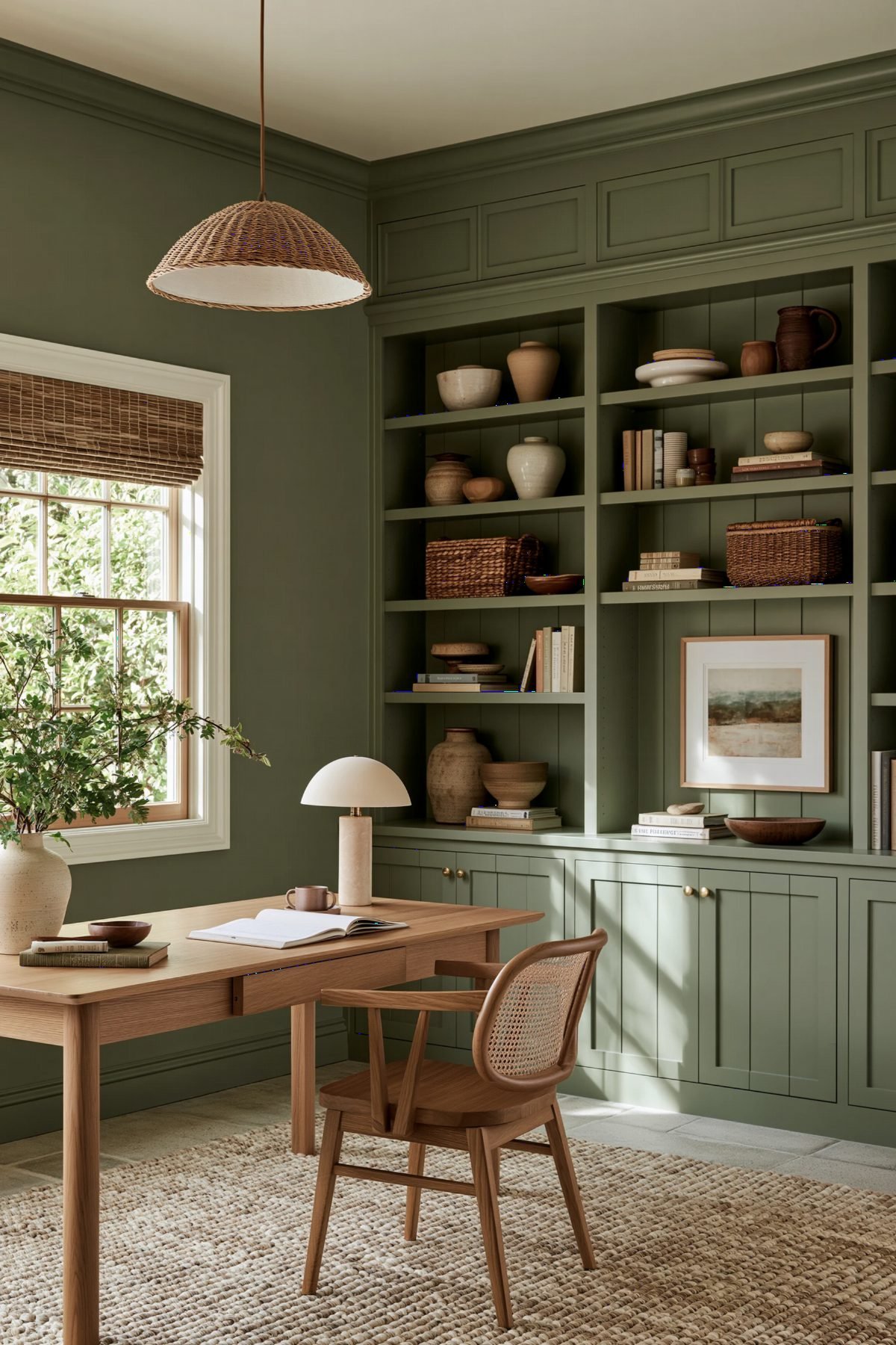 Woven Rattan and Sage Cabinetry