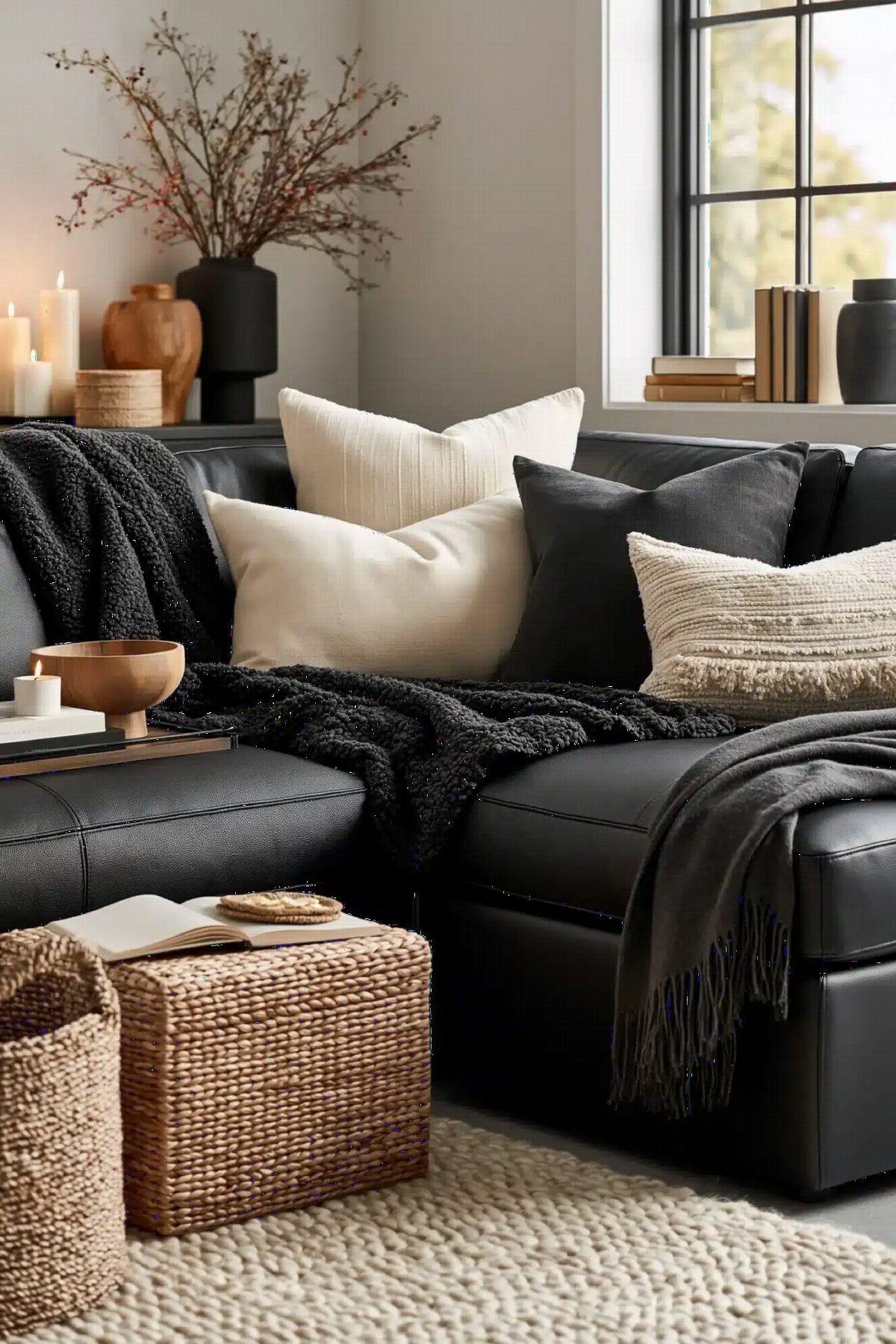 Charcoal Leather and Woven Warmth