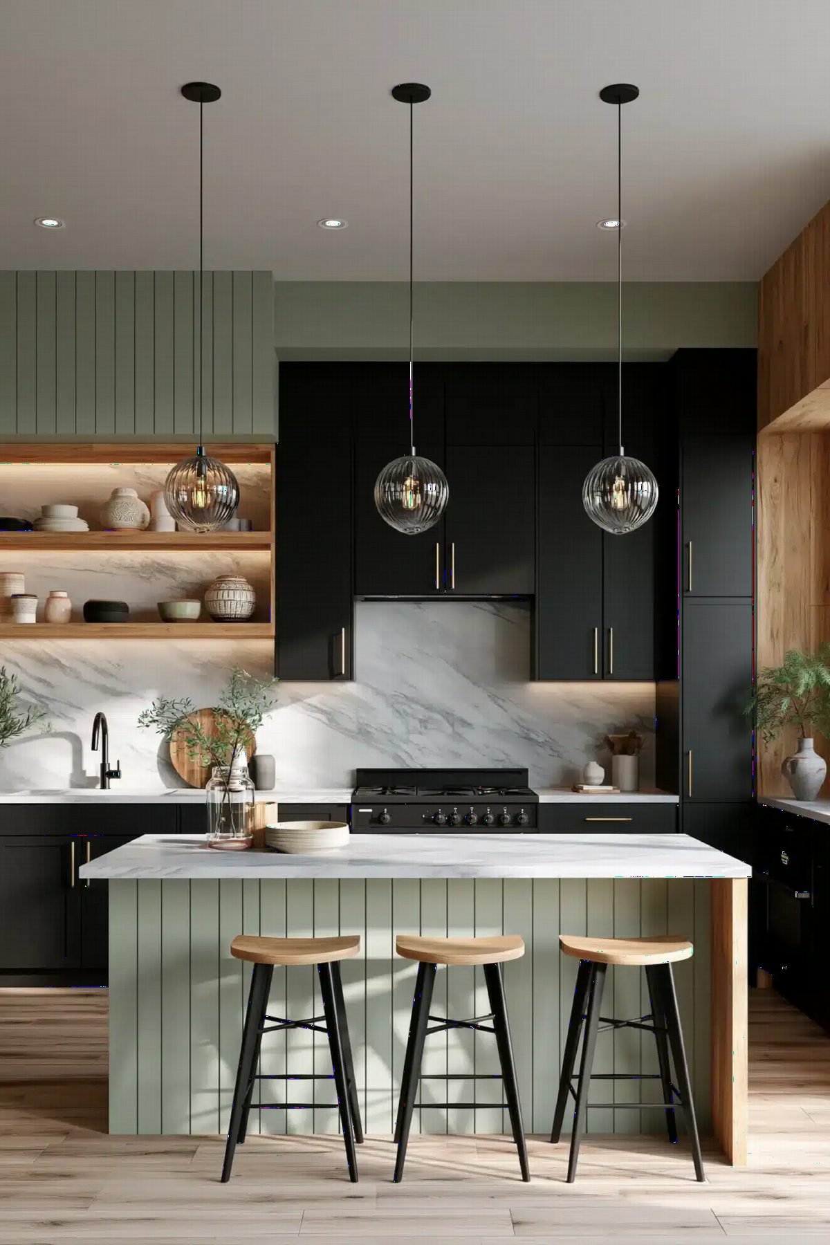 Sage Beadboard and Black Cabinetry