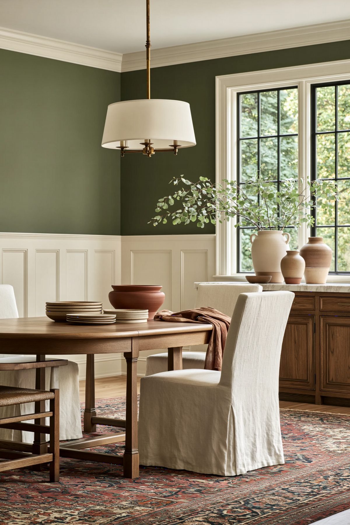 Sage Walls and Cream Wainscoting